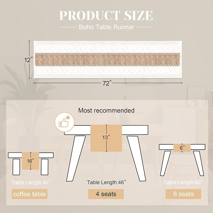 FEXIA Boho Table Runner for Home Coffee Decor 72 Inches Long Farmhouse Rustic - Image 2