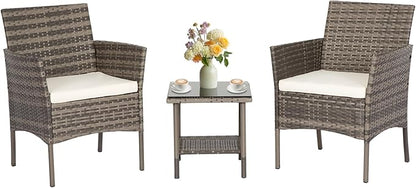 FDW 3 Piece Outdoor Furniture Set Patio Gray Wicker Chairs Furniture Bistro by FDW