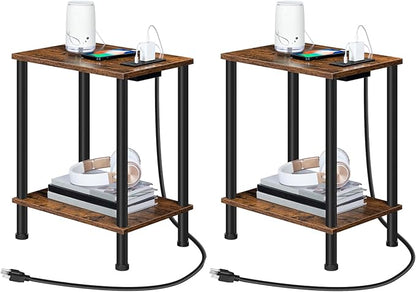 HOOBRO Side Table with Charging Station, Nightstand with 2-Layer Storage Shelves by HOOBRO