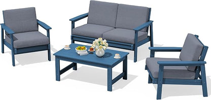 SERWALL 4 Piece HDPE Outdoor Furniture Set, All Weather Wood-Like Outdoor Sofa by SERWALL