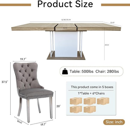 Henf 63"-79" Dining Table Set for 6, 7 Pieces Extendable Dining Table and 6 - Image 7
