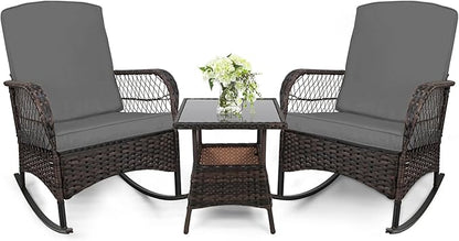 LEVELEVE 3 pcs Rocking Bistro Set Conversation Chairs PE Wicker Outdoor Rocking by Enjoyyourlife