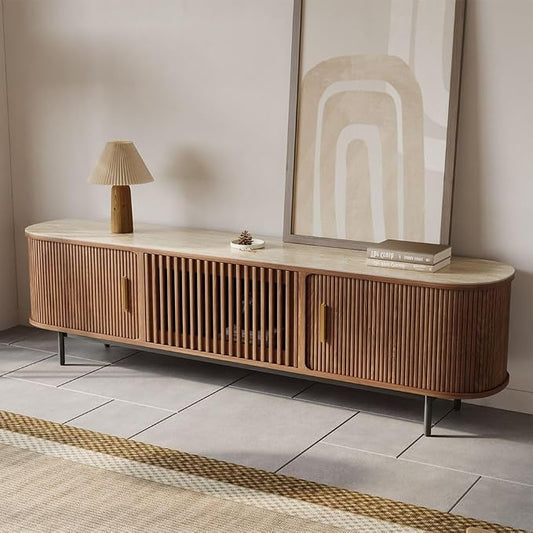 POVISON Fully-Assembled Sliding Tambour Door TV Stand, Mid Century Modern by POVISON