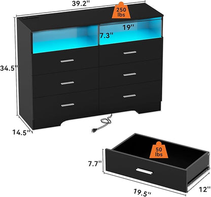 FJTJBSI Dresser with Power Outlets and LED Lights Wooden 6 Drawer Dresser with - Image 3