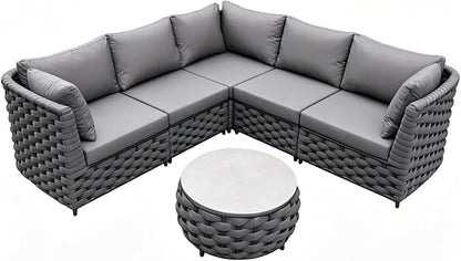TWT Dark Gray 6-Piece Modular Outdoor Sectional Sofa Set, 5-Seater Woven Rope by TWT