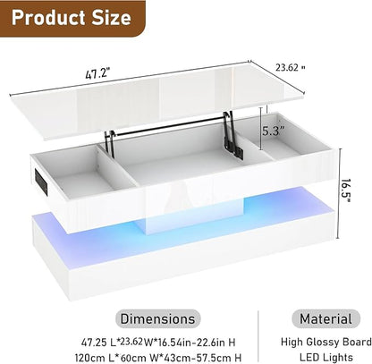 47.2" Large Lift Top Coffee Table, Modern High Glossy LED Coffee Tables - Image 2