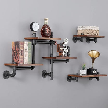 Industrial Floating Pipe Wall Shelves Rustic Wood Shelving, 5 Layer Pipe Design by SSSFurniture