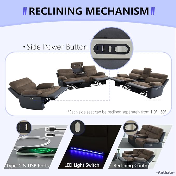 Power Recliner Sofa Set, Living Room Furniture Sets, Luxury Recliner Sofa and 2 - Image 6