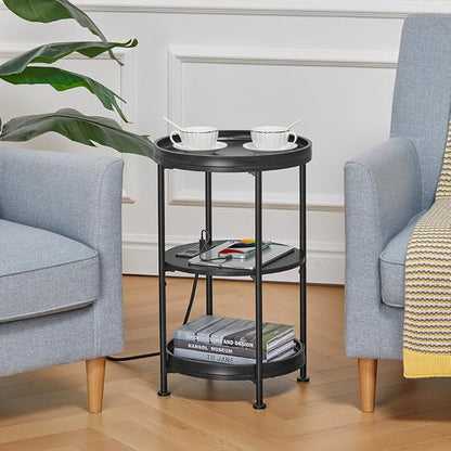 Dulcii Round Side Table with Charging Station, Bedroom Nightstand with Steel - Image 4