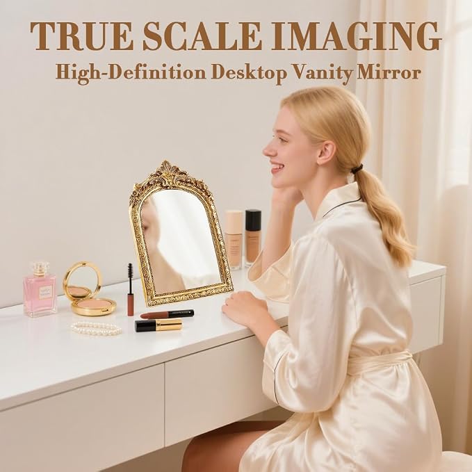YUSONG Vintage Desk Mirror – 8" Gold Antique Tabletop Mirror - Image 2