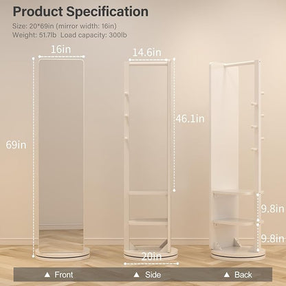 WoodsWhisper Full Length Mirror Coat Rack Solid Wood Floor Mirror 66"x12" Full - Image 2