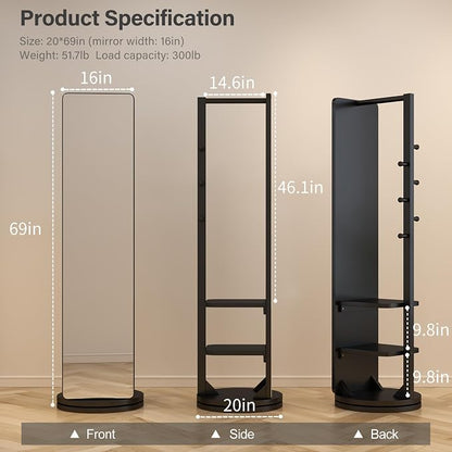WoodsWhisper Full Length Mirror Coat Rack Solid Wood Floor Mirror 70"x16" Full - Image 2