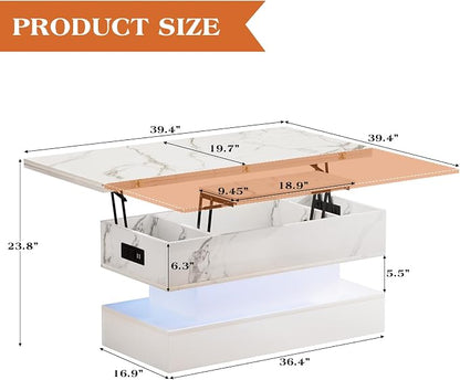 SYESWAY 39.4” Modern High Gloss Marble Lift Top Coffee Table - Image 2