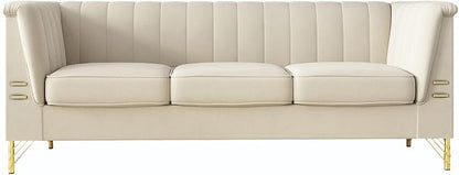 83.46" W Beige Velvet Sofa Couch - Image 3