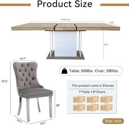 Henf 63"-79" Dining Table Set for 8, 9 Pieces Extendable Dining Table and 8 - Image 7