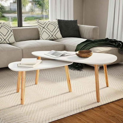 Scandinavian Oval Coffee Table Set of 2 White Solid Pine Wood Modern Minimalist - Image 2