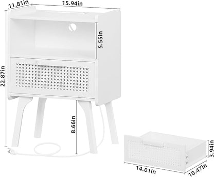 Lerliuo Rattan Nightstand with Charging Station, Side Table with Drawer Open - Image 3
