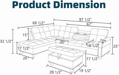 97.5" Leather L Shaped Couch Set Black, Modular Sectional Couches - Image 2
