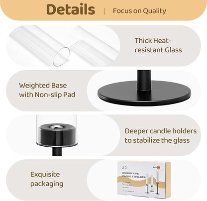 Black Hurricane Glass Candle Holders Set of 6, Tall Metal Taper Candle Stick - Image 3