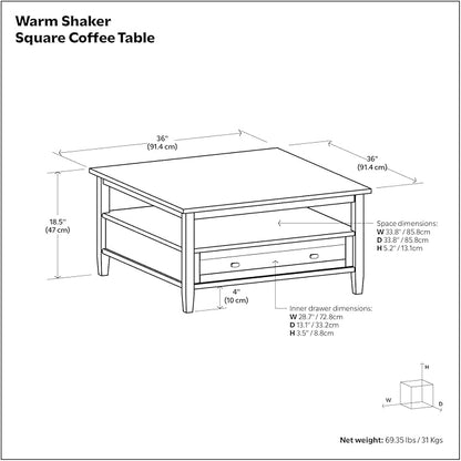 SIMPLIHOME Warm Shaker Solid Wood Transitional-Style 36-inch Wide Coffee Table - Image 2