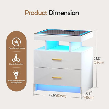 LED Nightstand Set 2 with Wireless Charging Station, Glass Top Smart Bedside - Image 2