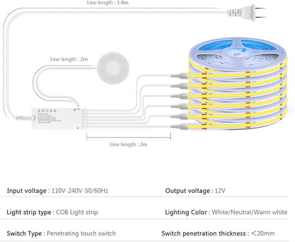 AIMENGTE Cabinet Light 12V COB LED Strip Lights, 6-in-1 Penetrable Touch Dimming - Image 4