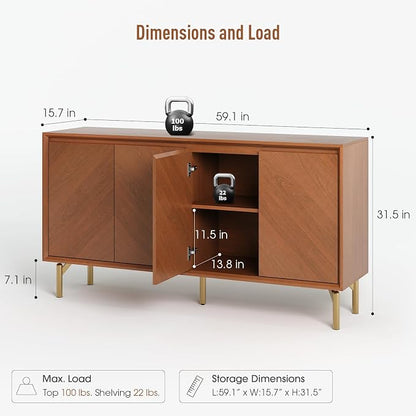 JOINICE Storage Cabinet, Mid-Century Modern Wood Accent Cabinet, Chevron - Image 2