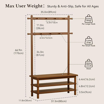Hall Tree with Shoe Storage Bench, 3-in-1 Entryway Coat Rack with Bench - Image 2