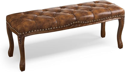 Cozyman Bedroom Bench, French Vintage Tufted Leather Bench, 45.2" Carving by COZYMAN
