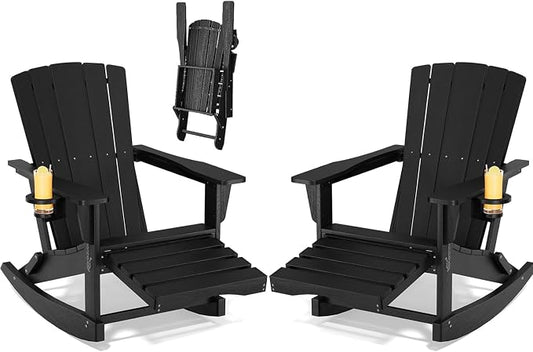 Adirondack Rocking Chair with Retractable Ottoman Set of 2, Outdoor Folding by Unknown