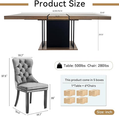 Henf 63"-79" Dining Table Set for 6, 7 Pieces Extendable Dining Table and 6 - Image 7