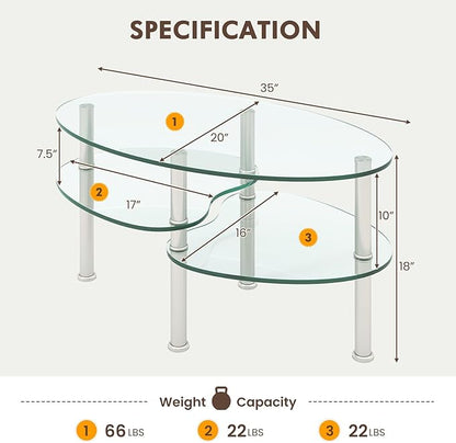 Tangkula Glass Coffee Table, Modern Furniture Decor 2-Tier Modern Oval Smooth - Image 3