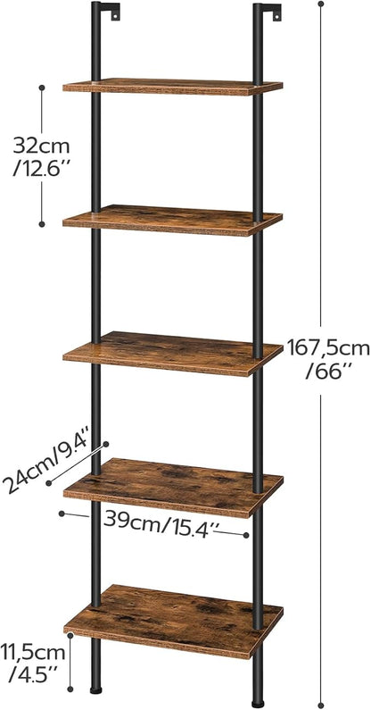 HOOBRO DIY Ladder Shelf, 5-Tier Wooden Wall Mounted Bookshelf, Narrow Bookcase - Image 3