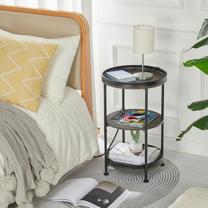Dulcii Round Side Table with Charging Station, End Table with 3 Shelves - Image 6