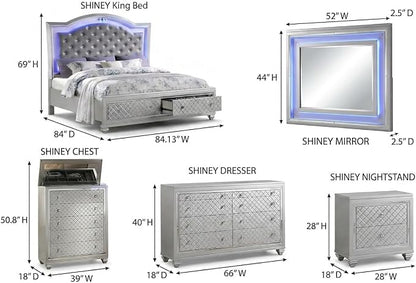 First of a Kind Shiney Contemporary 5 Piece King Bedroom Set High Gloss Silver - Image 9