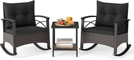 Tangkula 3 Piece Rattan Rocking Chair Set, Patio Rocker Bistro Set by TANGKULA