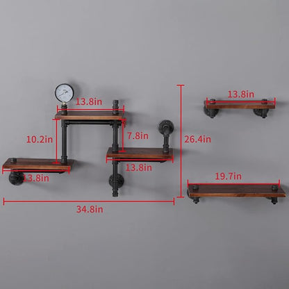 Industrial Floating Pipe Wall Shelves Rustic Wood Shelving, 5 Layer Pipe Design - Image 3