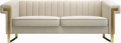 Mid-Century Modern Beige Velvet Sofa - Image 6