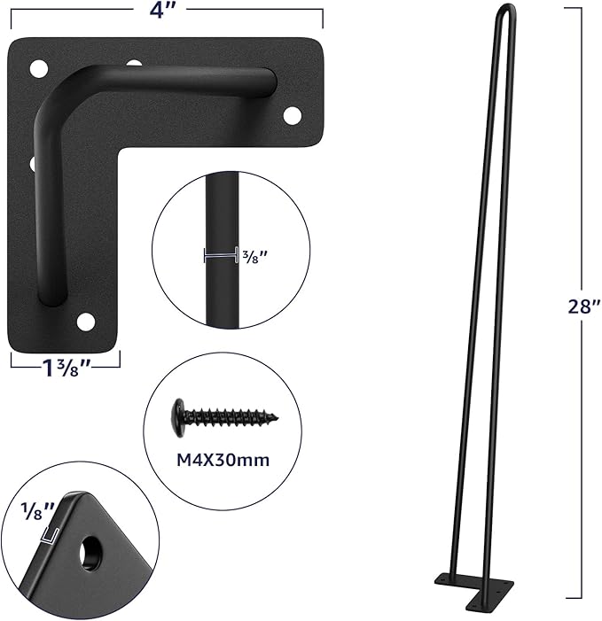 SMARTSTANDARD Hairpin Table Legs 26 Inch, 3/8" Solid Metal Legs - Image 3