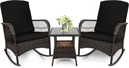 LEVELEVE 3 pcs Rocking Bistro Set Conversation Chairs PE Wicker Outdoor Rocking by Enjoyyourlife