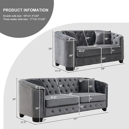 2 Piece Modern Chesterfield Velvet 77" 3-Seater+59" Loveseat Sofa Set, - Image 2