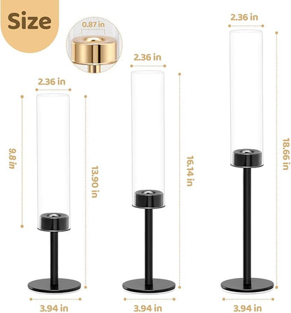 Black Hurricane Glass Candle Holders Set of 3, Tall Metal Taper Candle Stick - Image 2