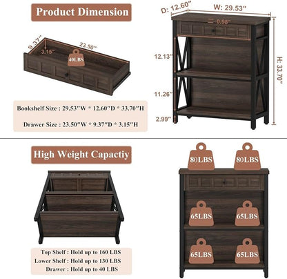 FATORRI Small Bookcase with Drawer, Industrial 3 Shelf Bookshelf, Wood and - Image 2