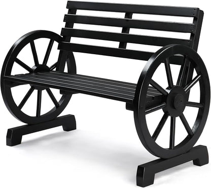 VINGLI Rustic Wooden Wheel Bench Outdoor Bench, Patio Bench Wagon Slatted Seat by VINGLI