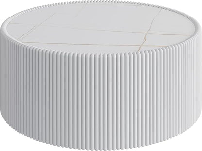 SSLine Round Drum Coffee Table Modern Sintered Stone Top Coffee Table in White - Image 6