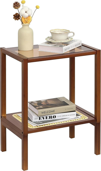 2-Tier Bamboo Side Table, Modern Glasstop Rattan Side Table, Mid Century Wood - Image 9