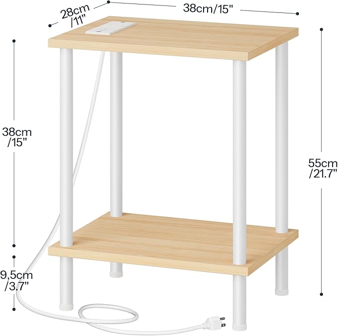 HOOBRO Side Table with Charging Station, Nightstand with 2-Layer Storage Shelves - Image 3