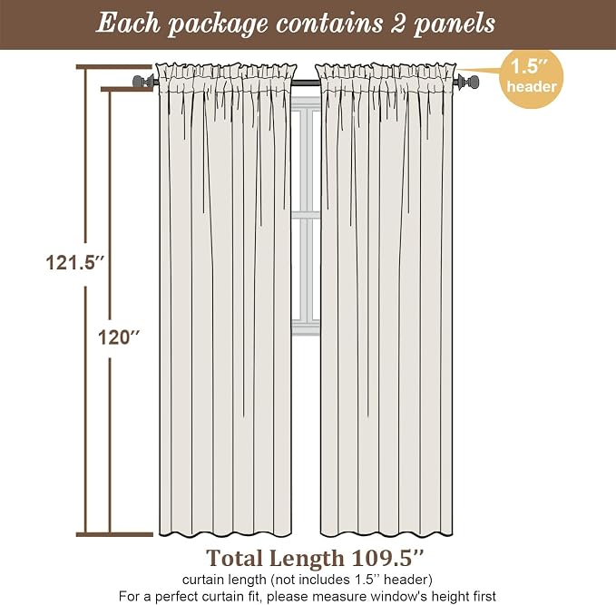 Chyhomenyc Extra Long Ivory Semi Sheer Curtains 120 Inches Long 2 Panels Set - Image 5