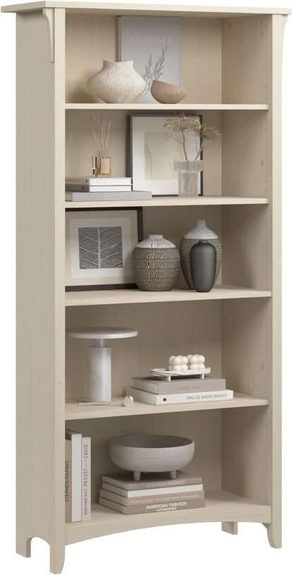 Bush Home Salinas 5 Shelf Bookcase in Antique White, Tall Bookshelf, Large Book by BushHome