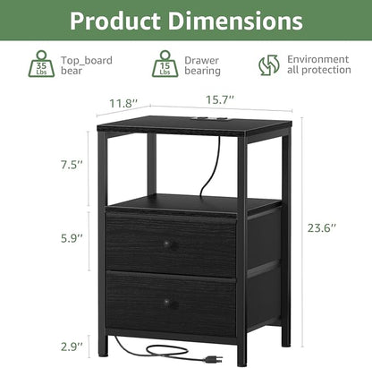 BOLUO Black Nightstand with Charging Station, LED Night Stand with 2 Fabric - Image 3